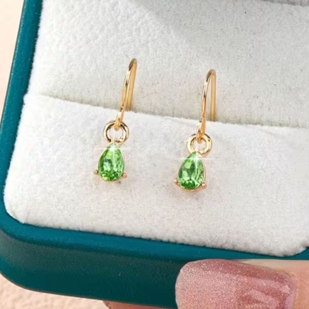 Lt Green Teardrop Zirconia Crystal Drop Earrings Gold Dangle Gemstone Pendant